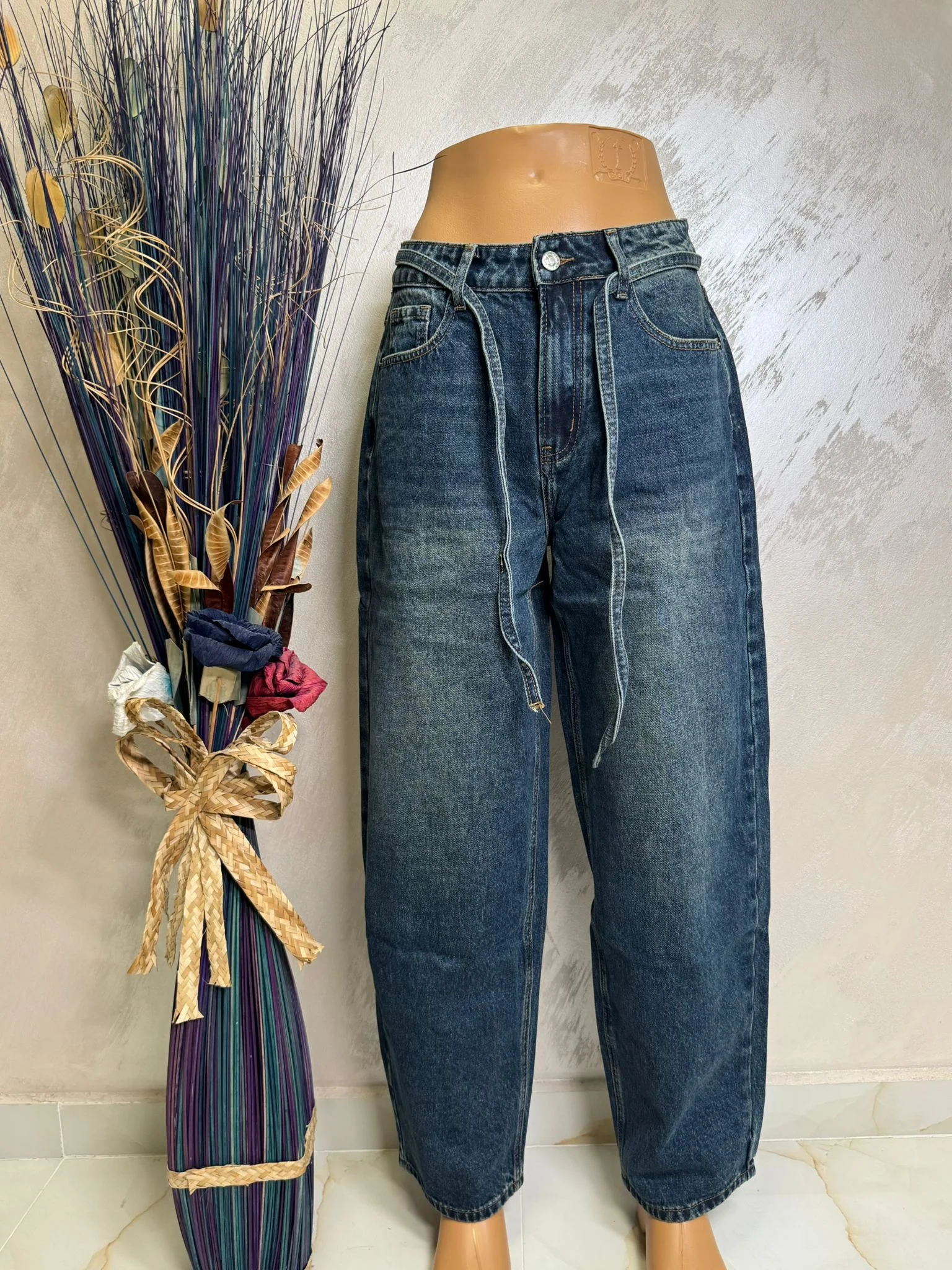 Blugi damă tip balon cu cordon, talie înaltă