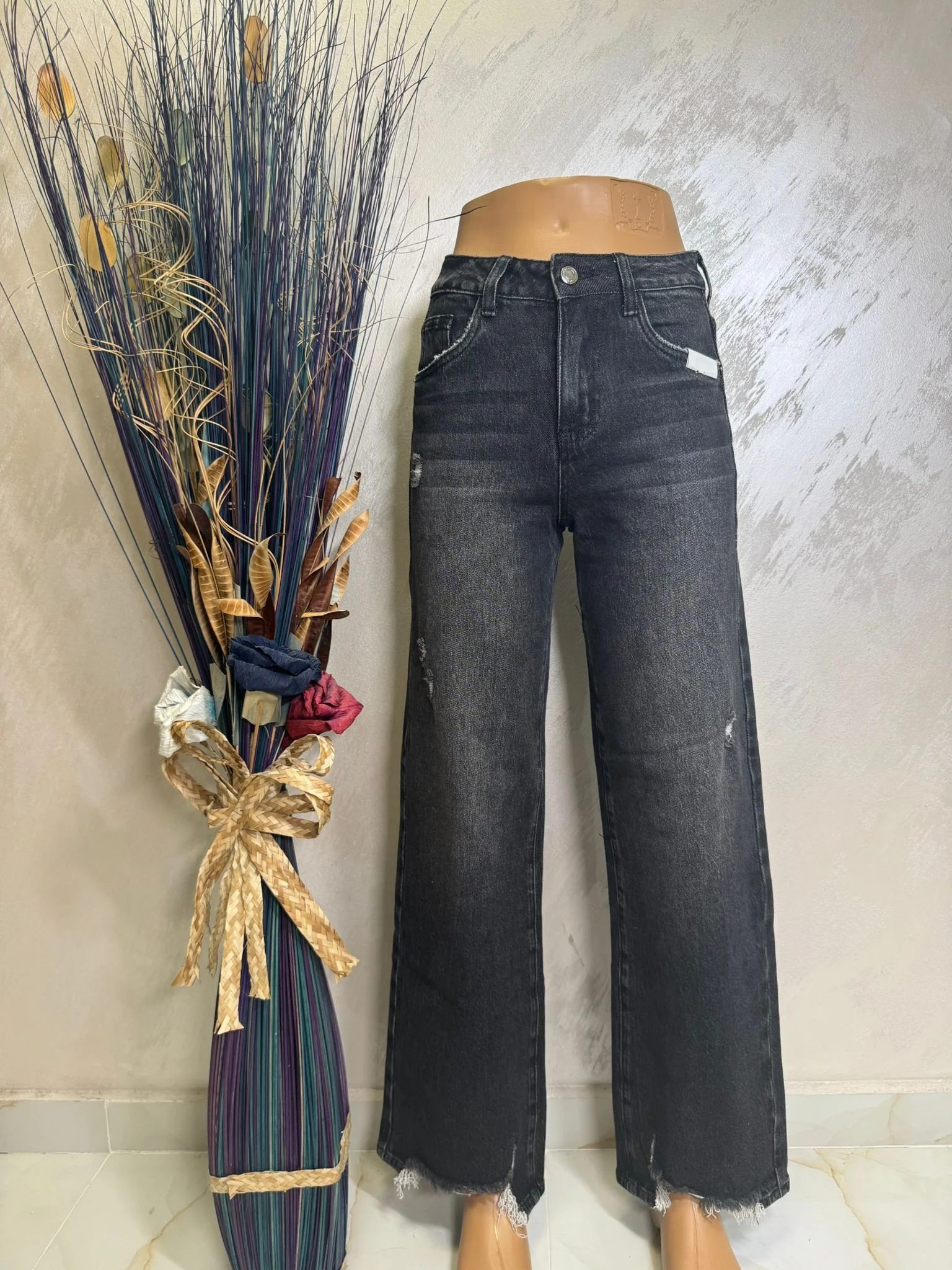 Blugi damă wide leg negri, model modern cu talie înaltă