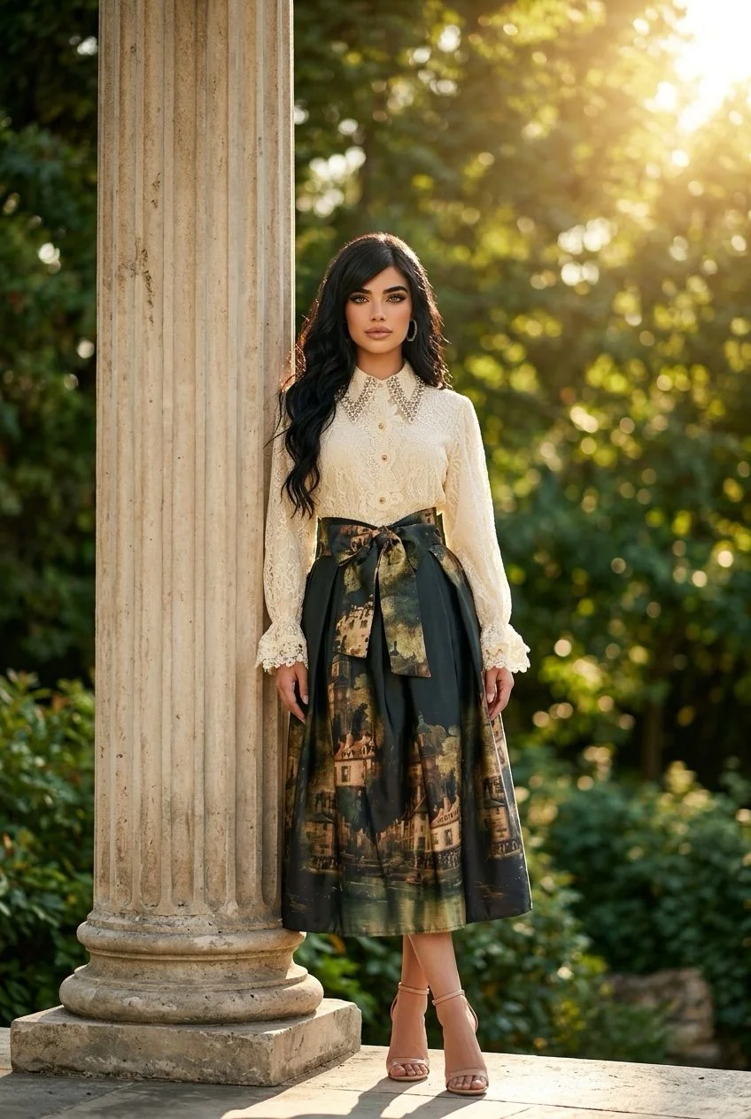 Fustă midi din tafta cu imprimeu artistic și talie accentuată