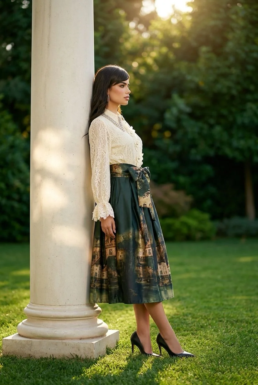 Fustă midi din tafta cu imprimeu artistic și talie accentuată