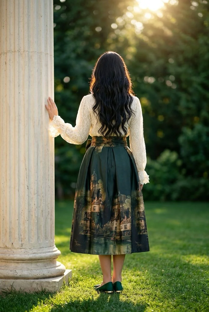 Fustă midi din tafta cu imprimeu artistic și talie accentuată