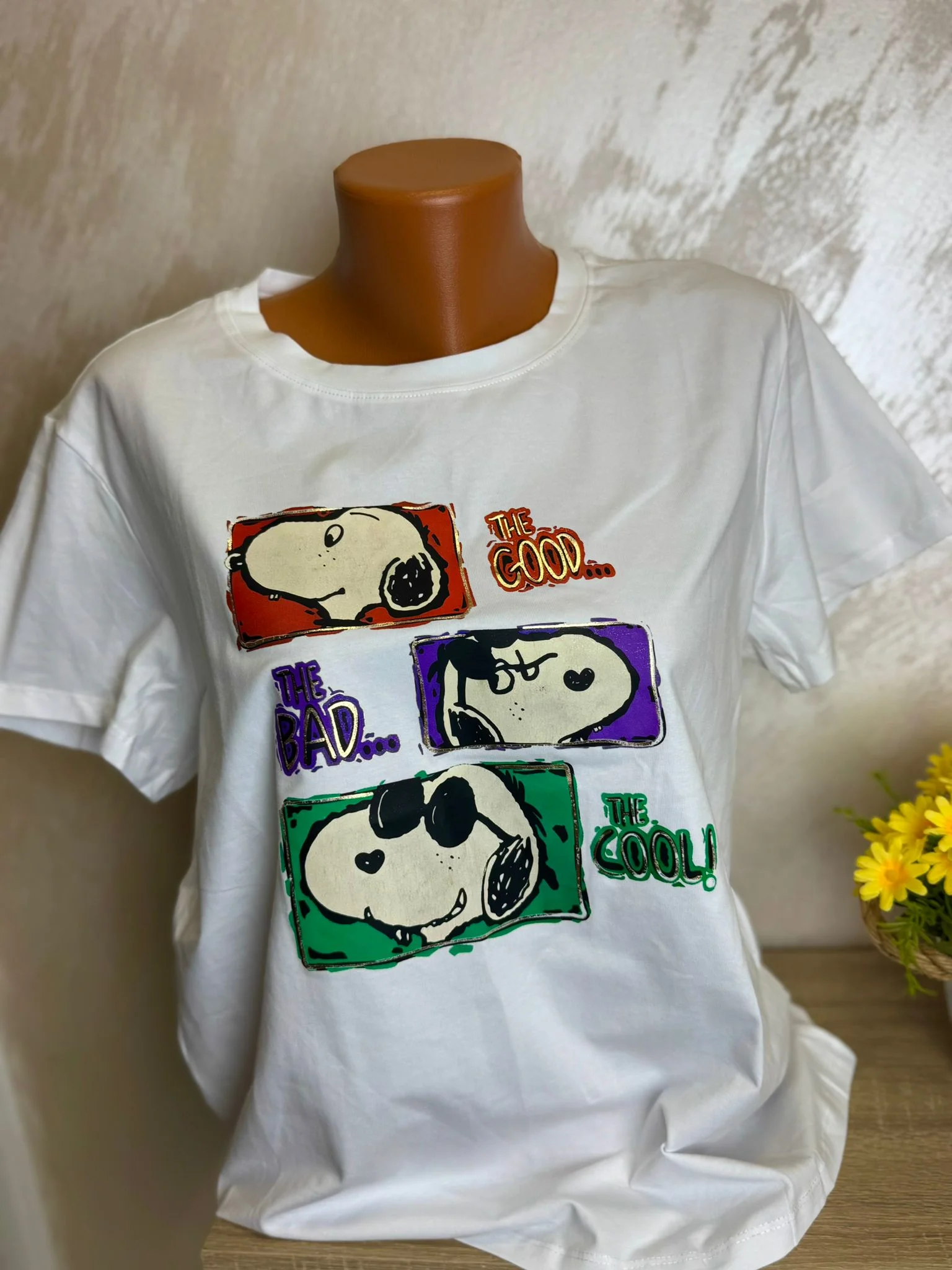 Tricou damă alb cu imprimeu caine „The Good, The Bad, The Cool” – model casual fun