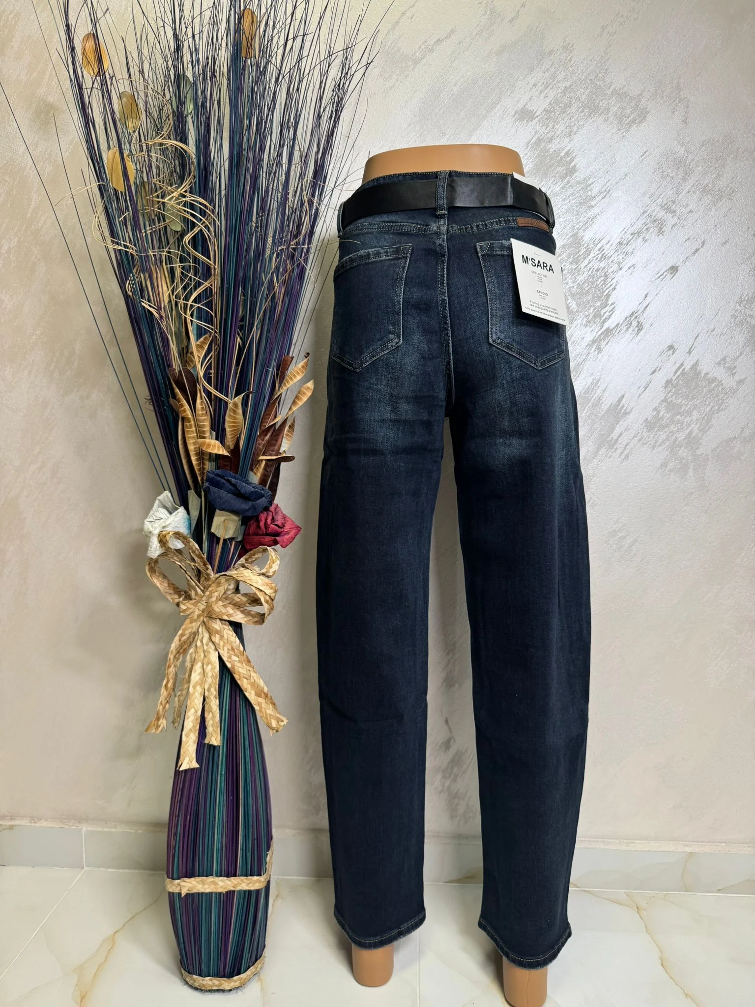 Blugi damă drepți cu talie înaltă și curea inclusă